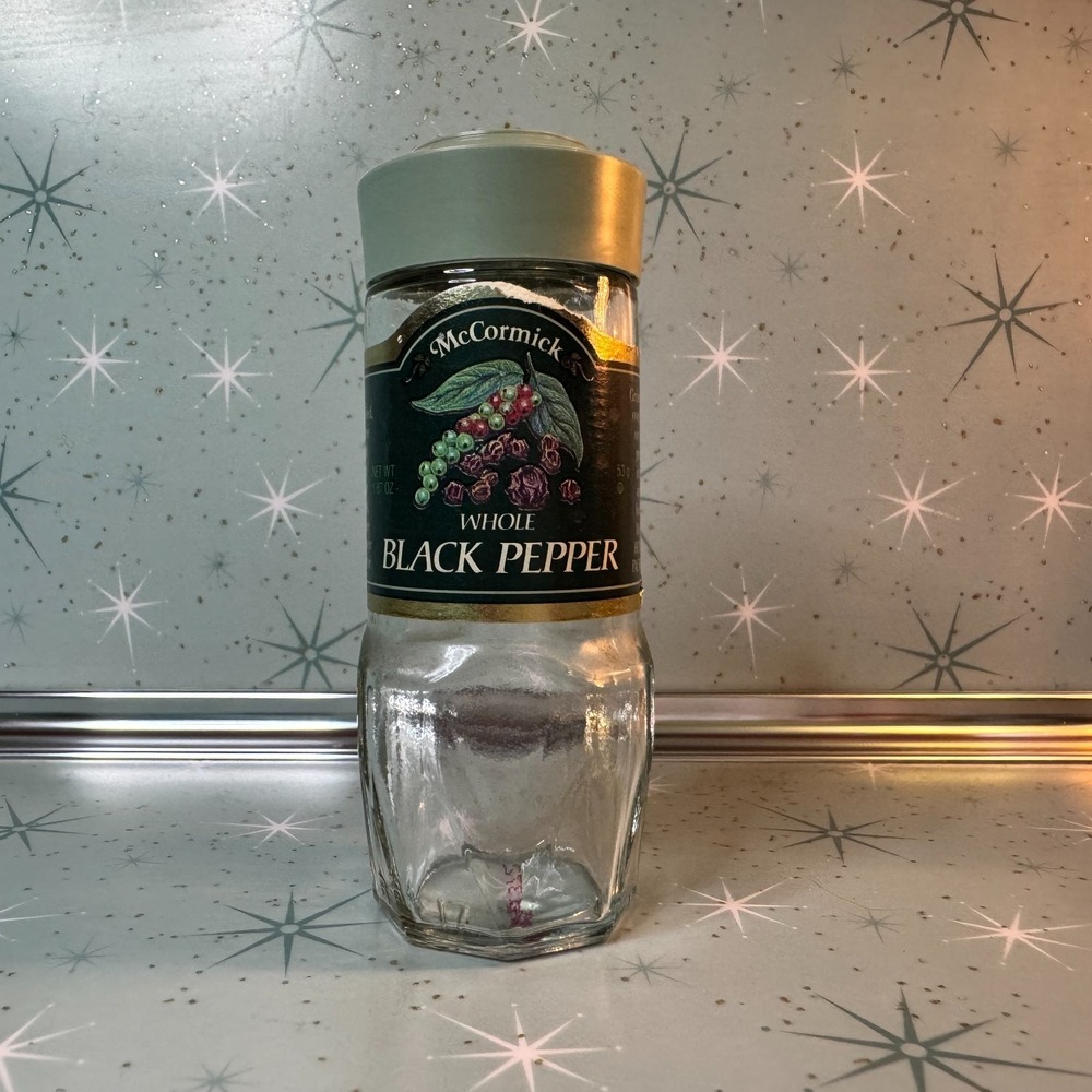 Vintage McCormick Whole Black Pepper Jar Green Label Glass Spice Bottle Retro